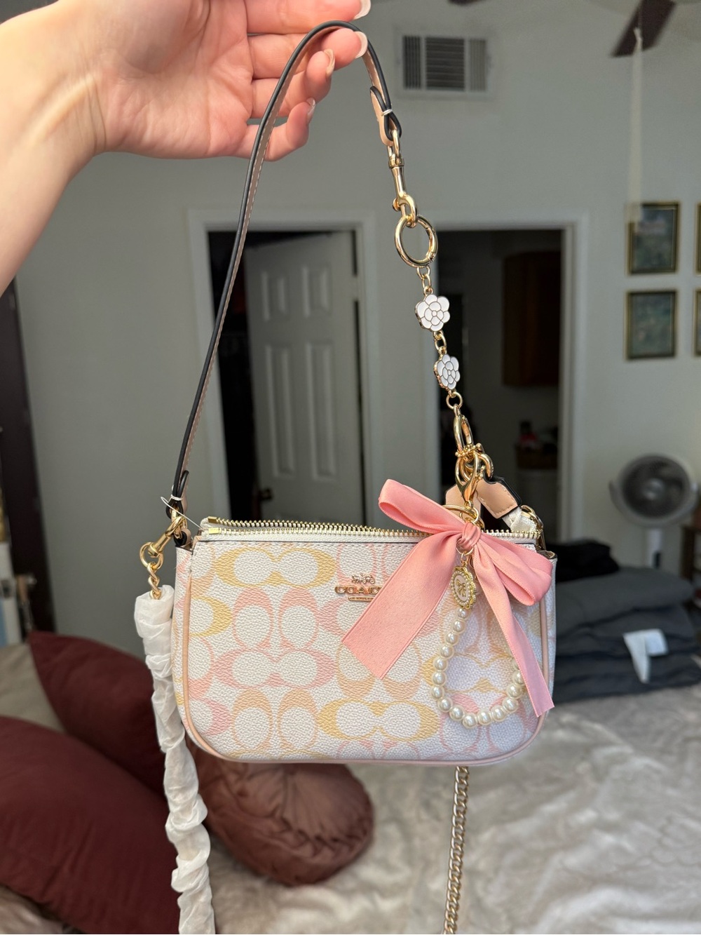 Custom NOLITA Coach pink and white purse with bow charm